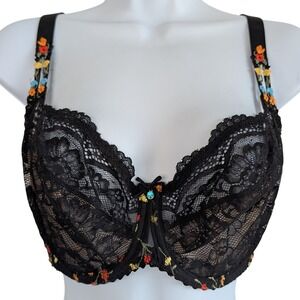 Prima‎ Donna 32F Black Lace Colorful Floral Embroidered Bra